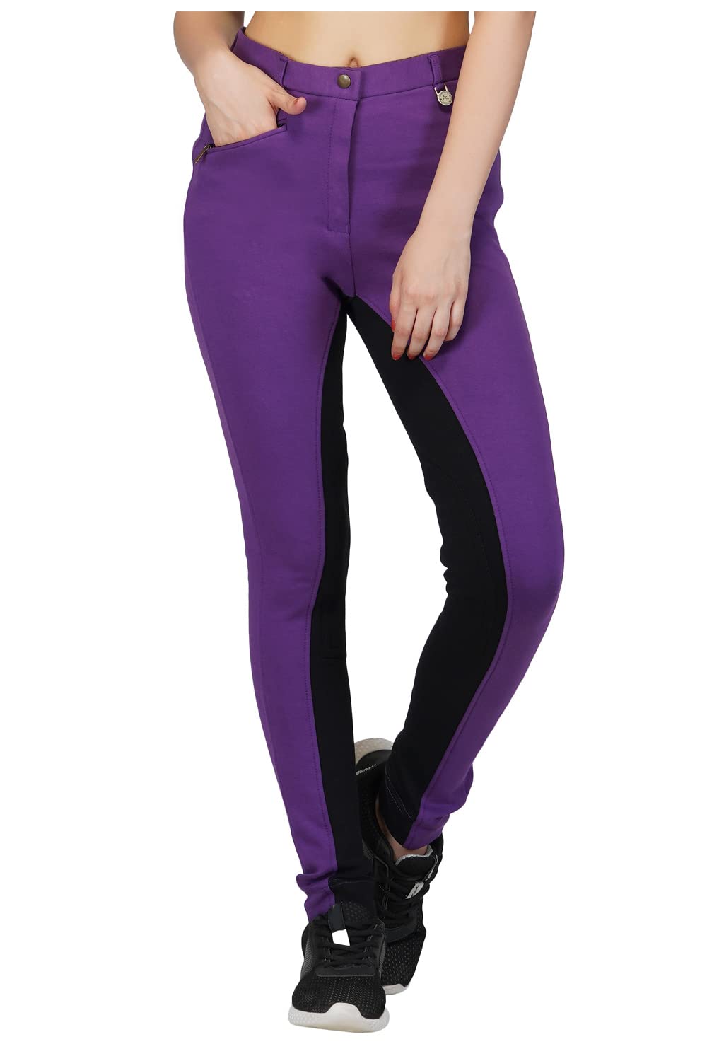 Avon Equine Women's Cotton/Lycra Horse Riding Jodhpurs with Front Pocket Ladies Soft Stretchy Two Tone Jodhpurs Jods Pants (38, Purple/Black)