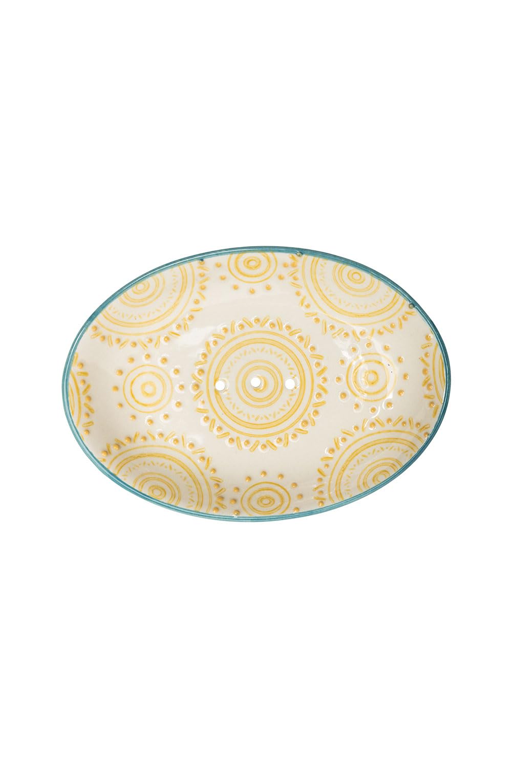 Tranquillo Boho Chic Oval Stoneware Soap Dish with Yellow Print with Holes for Drainage 14 x 9.5 x 2 cm