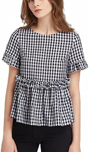 Black and White Plaid Short Sleeve Summer Casual Women Blouses Ruffle Detail Button Back Gingham Peplum Top
