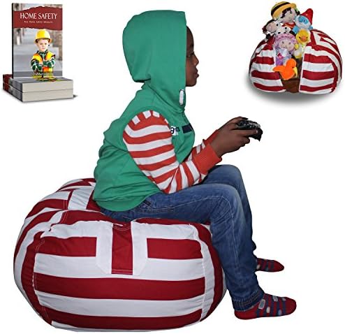 Stuffed Animal Storage Bean Bag Chair | LARGE SIZE | Finest Storage, Hammock & Organizer for kids' Plush, Jumbo & Cuddly Toys | Premium Quality Cotton Canvas | Free E-Book 30'' (Red/White)