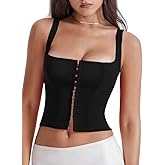 LAGSHIAN Women's Sleeveless Square Neck Double Layer Crop Top Central Single Row Clasp Trendy Tank Top