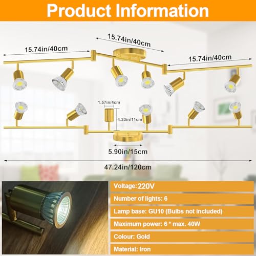 Bacane Track Lighting Kit, Ceiling Spot Lighting, Flexibly Rotatable Light Head, Track Light (Bulb Not Included) (Gold, 6 Light)