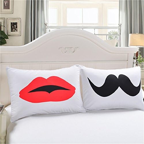 Couples Pillowcases- "Red Lip and Black Beard" Couple Pillow Covers,Romantic Gift Idea for Couples Christmas,Anniversary,Engagement,Wedding,for Him and Her in Love