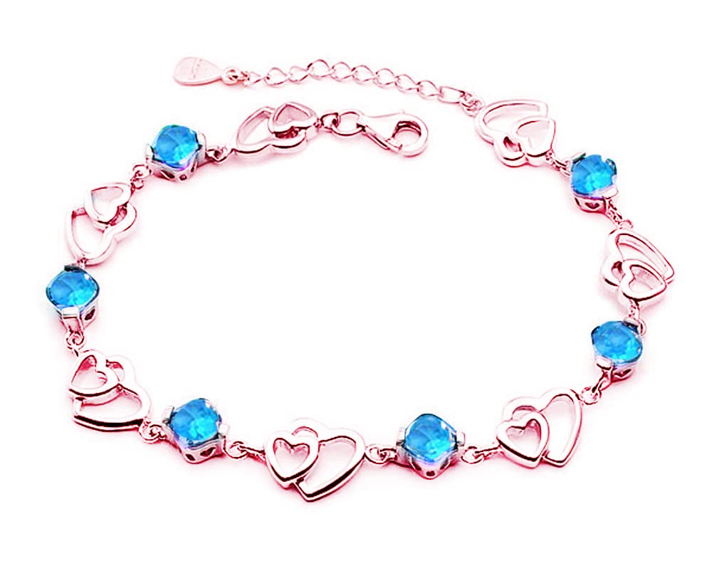 baobei Kaguyo Silver Bracelets for Women - rose gold plated 925 Silver Clear Blue Zirconia Heart Shape Adjustable Infinity Crystal Bracelet - Friendship Birthday Gift