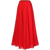 MULLSAN Women Retro Vintage Double Layer Chiffon Pleat Maxi Long Skirt Dress (Red)