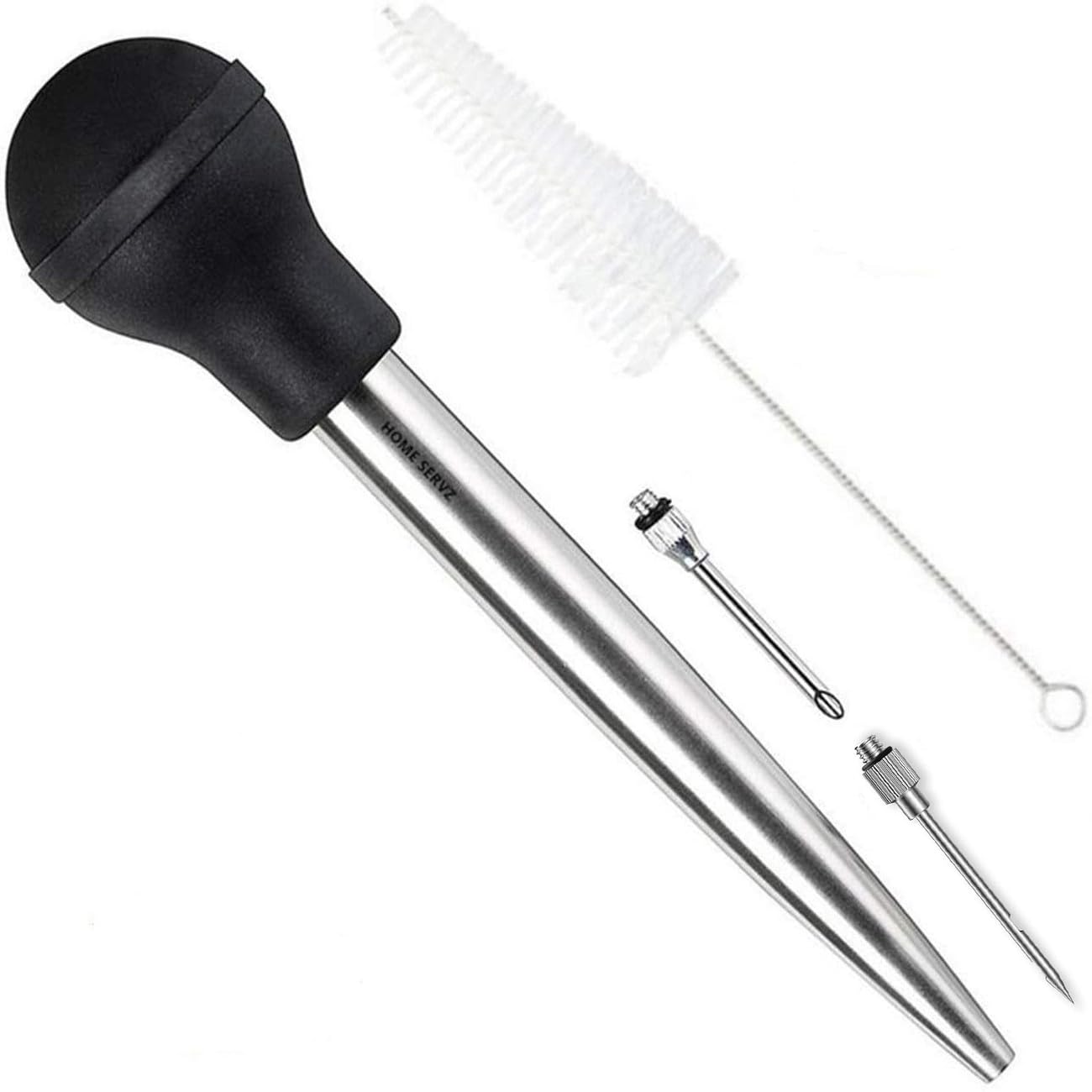 Home Servz 304 Stainless Steel Turkey Baster Syringe Injector Needle With Cleaning Brush- black Rubber Bulb