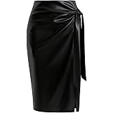 SHENHE Women's Faux Leather Pencil Skirt High Waist Bowknot Slit Bodycon Business Casual Skirt