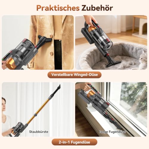 TechRise Akku Staubsauger,55KPa/650W/70Min Staubsauger Kabellos mit Selbststehend Laufzeit,LED-Display,Anti-Tangle-Bürste, 8-in-1-Filter,für Tierhaare,Mehrere Lademethoden,Teppich & Hartböden