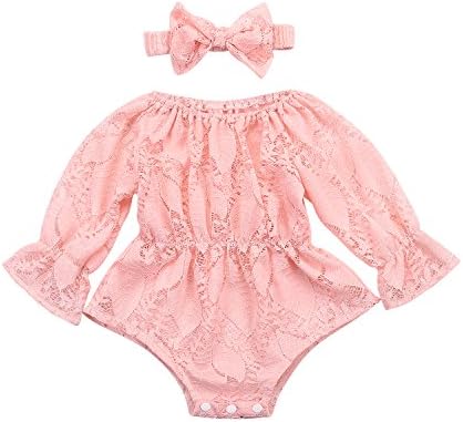 Monbebe Newborn Infant Baby Girl Flower White Lace Off Shoulder Romper Jumpsuit Outfit Clothes (Pink, 12-18 Months)