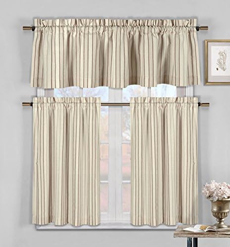 Three Piece Cotton Rich Kitchen/Cafe Tier Window Curtain Set: Striped pattern, One Valance, two Tiers (Burgundy, Taupe and Beige)