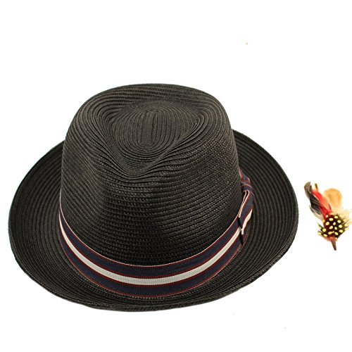 Men's Stripe Band Removable Feather Derby Fedora Curled Brim Hat L/XL
