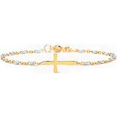STORYJEWELLERY Cross Bracelet for Women, Gold Plated Charm Bracelets, Blue Beaded Chain Faith Bracelet, Christian Jewelry for Women, Religious Gifts, Confirmation and Bapstism Gifts