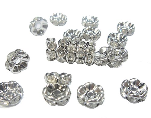 R172 Rhinestone Metal Beads Glass Clear Rhinestone Rondelle Metal Spacer Beads 8 mm Silver Colour Pack of 50