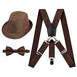 2.5cm Elastic Braces 3 Clip Suspender and Bow Tie Set with Hat for Kids, Coffee