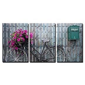 3 Piece Canvas Wall Art - Old Vintage Bicycle with Flower Basket - Modern Home Art Stretched and Framed Ready to Hang - 16"x24"x3 Panels