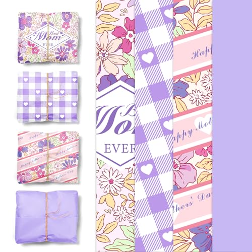 AOBKIAT 24 Sheets Floral Wrapping Tissue Paper for Women,Happy Mothers Day Gift Wrap,20 x 15 Inch Tissue Paper with Purple Pink Flower for Present Packaging,Birthday,Party,DIY Craft