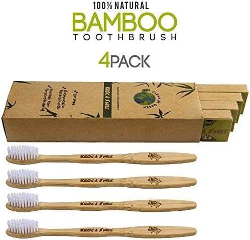 Lulupaxton Bamboo Toothbrush 100% Organic and Biodegradable Wooden Toothbrush Soft BPA Free Nylon Bristles - Pack Of 4 Best Toothbrushes For Sensitive Gums (White)