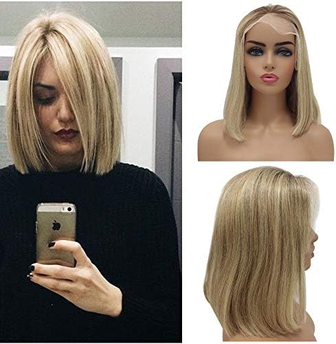 Blonde Human Hair Wigs 13x4 Lace Front 150% Density 12" Lace Front Balayage Blonde Ombre Wig Color Mixted #4 Fading to #12 and 613 Blonde Lace Front Human Hair Short Wigs for White Women …