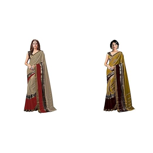 Saree with Blouse Piece (Pack of 2)(BM-G2FZ-NKC0_Item 1 Color Chiku & Red|Item 2 Color Mustard & Belgiri_Free Size)
