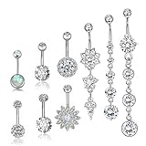 Besteel 9 Pcs 14G Stainless Steel Dangle Belly Button Rings for Women Navel Rings CZ Body Piercing Sliver-Tone