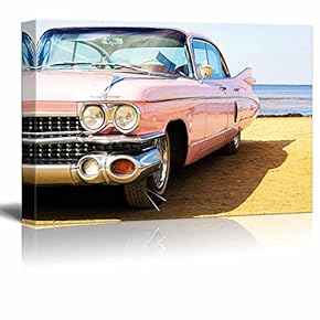 Canvas Prints Wall Art - Classic Pink Car at Beach | Modern Wall Decor/Home Decoration Stretched Gallery Canvas Wrap Giclee Print. Ready to Hang - 12" x 18"