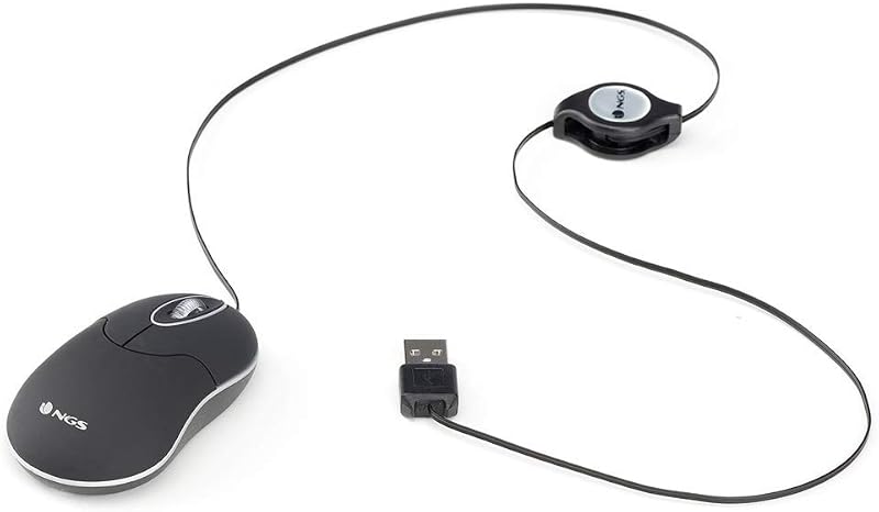 SIN BLACK - Ratón Óptico 1000dpi con Cable Retráctil USB, Ratón para Ordenador o Portátil con 2 Botones, Ambidiestro