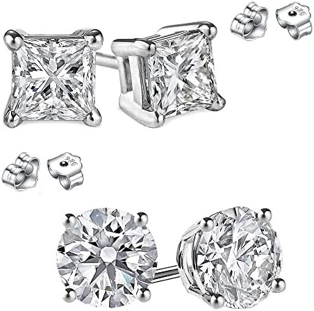 2 Pairs Combo Princess and Round Cubic Zirconia Stud Earrings 1.00 Carat Total Weight