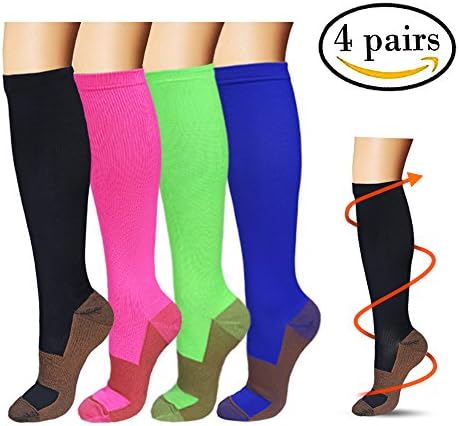 Copper Knee High Compression Socks For Men & Women - 4 Pairs - Best For Running, Athletic, Medical, Pregnancy and Travel -15-20mmHg (Multicoloured 1, L/XL)