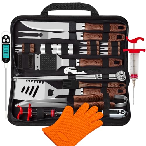 Romanticist 26pcs Grilling Accessories Kit for Men Women, Stainless Steel Heavy Duty BBQ Tools with Glove and Corkscrew, Grill Utensils Set in Portable Canvas Bag for Outdoor,Camping,Backyard,Brown