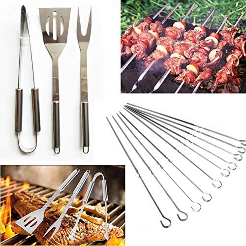 Barbecue Tools Kit Portable 3PCS/Set +10 pcs BBQ skewers Stainless Steel Food Meat Vegetable Clamp Fork Shovel Bag Outdoor Cooking Tools Kitchenware (13)