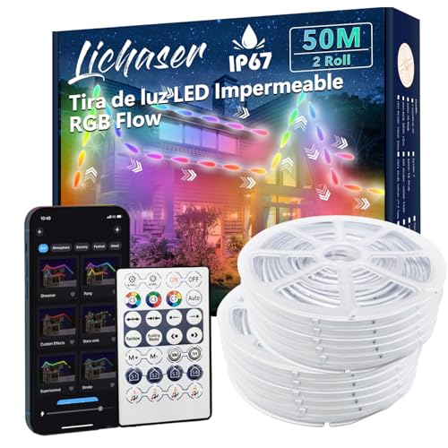 Lichaser Waterproof Outdoor LED Strip DIY IP67 RGB+IC, Tracking, LED Strip Segmentation with BT App and RF Remote Control for Outdoor Use (50m)