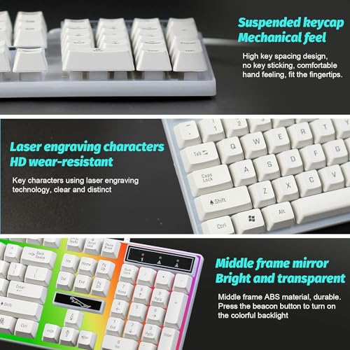 SKY-TOUCH G21 Computer Gaming Keyboard and Mouse Combo :Keyboard with Flexible Polychromatic LED Lights Mechanical Feel Wired USB Working Keyboard Mouse Set for Windows Computer(White)