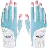 Scott Edward 1 Pair Open-Finger Women's Golf Gloves 2 Pack Left Right Hand Lady Fingerless Golf Gloves PU and Microfiber Breathable Mesh Fabric Cool and Comfortable