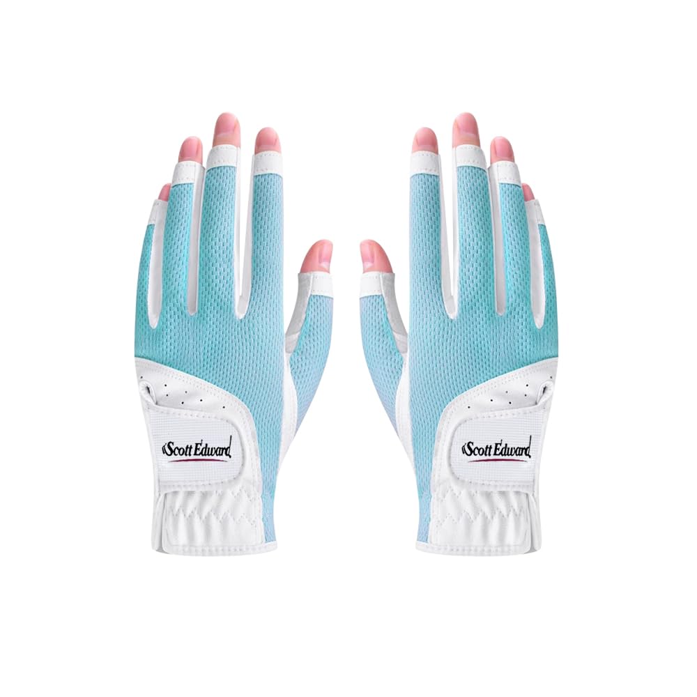 Scott Edward 1 Pair Open-finger Women's Golf Gloves 2 Pack Left Right Hand Lady Fingerless Golf Gloves PU and Microfiber Breathable Mesh Fabric Cool and Comfortable (Blue,21)