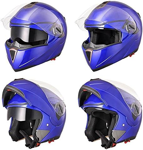 LeeMas Inc Full Face Flip-up Modular Motorcycle Helmet DOT Approved Dual Visor Clear Dark Air Vent Design Lightweight Motocross Blue L