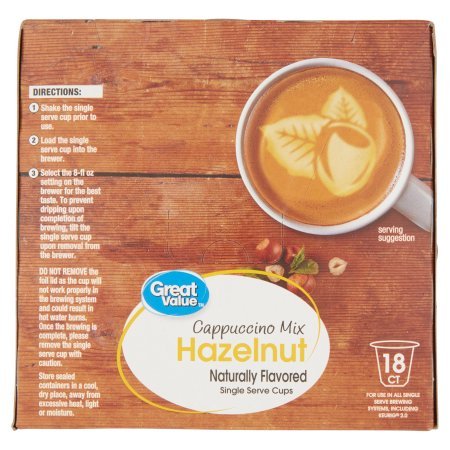 Great Value Hazelnut Cappuccino Mix Naturally Flavored Single Serve Cups, 0.53 oz, 18 count - Thumbnail 3