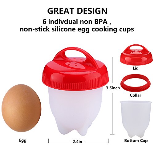 Egg Cooker (6 Pack) Hard Boiled, Fried, Scrambled, Benedict, Safe Non-Stick Silicone,Reusable, Automatic Cooking & Baking Accessories, 1 Gift Free Egg White Separator