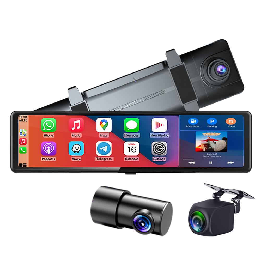 Photo 1 of Wireless Carplay Screen 11.26 Inch 4K FHD Rearview Mirror Driving Recorder with Voice Assistant, Airplay, CarPlay & Android Auto, 3 Cameras, Parking Monitor, Compatible with 99% Car (Three Way Camera)