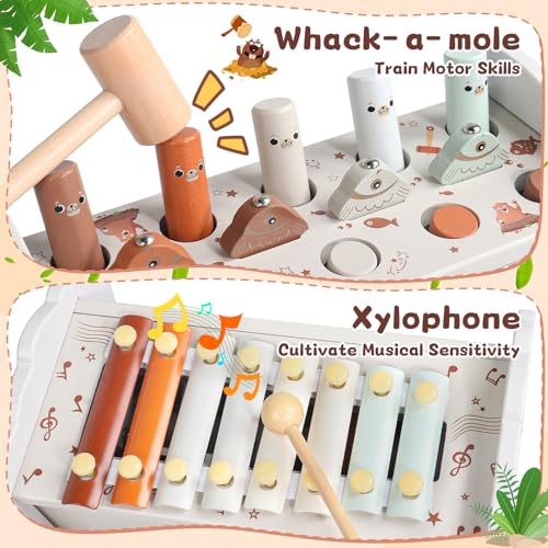 Baby Toy 1 Year – Montessori Games 1 Year 4 in 1 Montessori Toy with Taupe Tape-Taupe Xylophone Baby Fishing and Maze Toys for 1 Year Old Educational Wooden Ideal Christmas Gift Child 1 Year Old Girl Boy