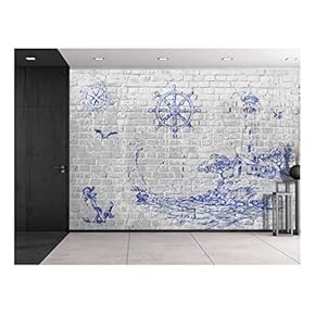 Brickwall Withe Sketches of a Lighthouse, Compass, and a Wheel - Wall Mural, Removable Sticker, Home Decor - 66x96 inches