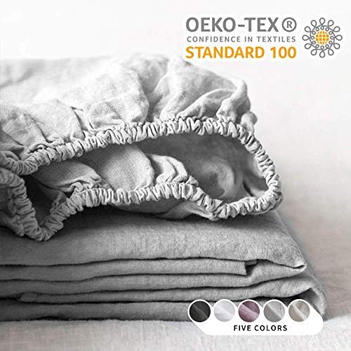King Linens 100% Linen Fitted Sheet Solid Color Stone Washed Simple Soft Farmhouse (Queen, Grey)
