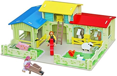 Timy Wooden Farm House Toys Animals Playset Dollhouse with Barn Horse Stable and Accessories