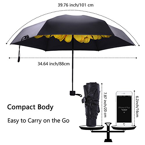 MuNiSa Mini Travel Sun Rain Umbrella Compact Parasol Lightweight Portable Outdoor Golf Umbrella with 95% UV Protection (Yellow Chrysanthemum)