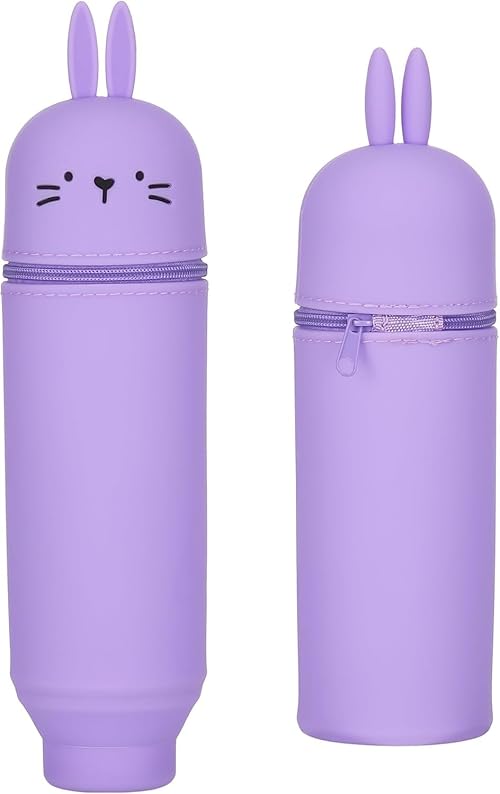 Satiskid Soft Silicone Kawaii Pencil Case - 2 in 1 Retractable Pen Holder, Animal Theme, Zipper Closure, 6.5x19.5 cm (Purple Rabbit)