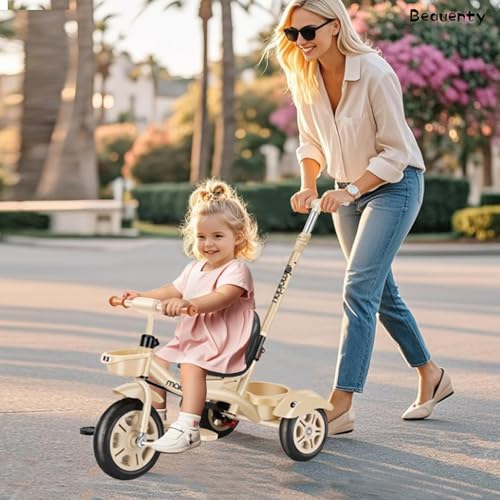 Beauenty Kids Tricycle with Push Handle, 4 in 1 Multifunctional Kids Tricycle Stroller Baby Tricycle with Removable Canopy Rotatable Seat Wheel for 6 Months-6 Years Boy&Girl (Champagne)