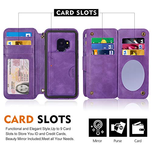 Cornmi Galaxy S9 Case,Detachable Wallet Leather Cover 11 Card Slots Wristlet and Shoulder Strap Handbag Purse Flip Stand Slim Mirror case for Samsung Galaxy S9 G9600 5.8in â€¦