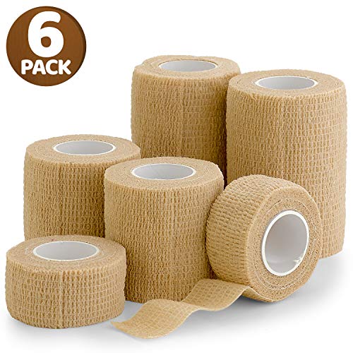 6 Pack, Self Adherent Cohesive Tape - 1" 2" 3" x 5 Yards Combo Pack, (Light Tan Shade) Self Adhesive Bandage Rolls & Sports Athletic Wrap for Ankle, Wrist, Sprains