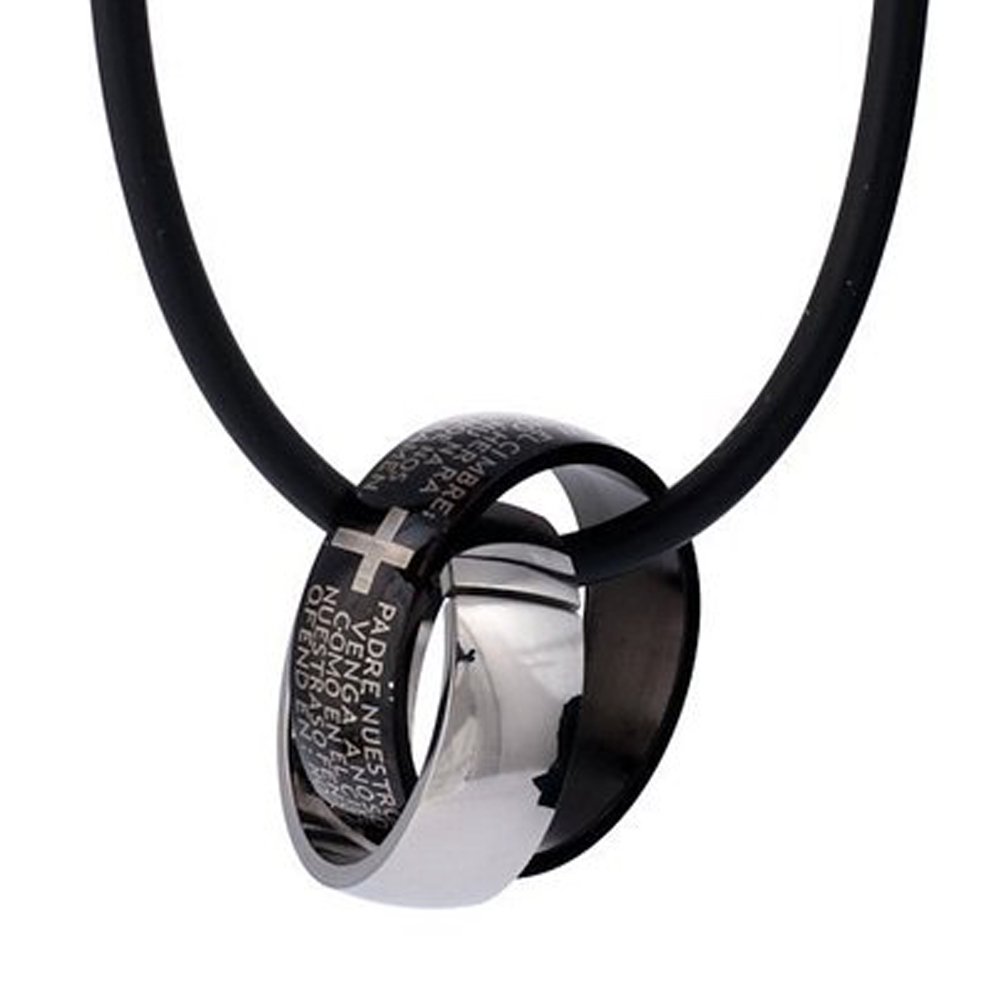 DonDon Rubber Necklace with Two Stainless Steel Rings with Engraved Cross in a Black Velvet Pouch
