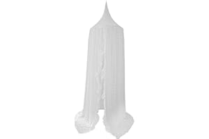 KISHOME Kids Bed Canopy for Girls, White Crib Canopy Princess Hanging Children Canopy Tent, Toddler Girl Canopy Bed Netting for Baby Room Bedroom Reading Nook, Macrame Lace Boho Nursery Canopy with Pom Pom