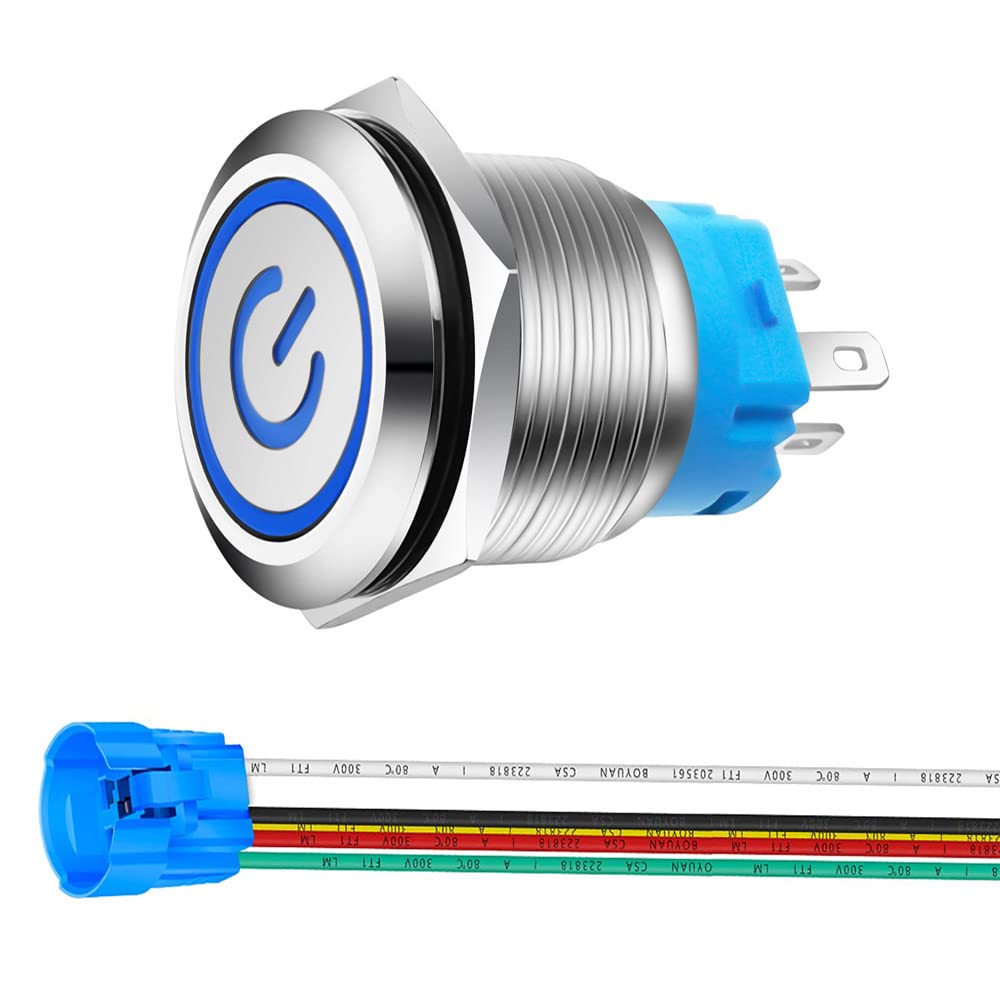 Gebildet 0.87''/22mm Stainless Steel Latching Push Button Switch 12V-24V 5A Power Symbol LED 1NO1NC SPDT ON Off Waterproof Toggle Switch with Wire Socket Plug (Blue LED)